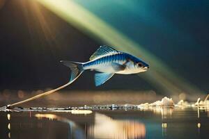 ein Fisch ist fliegend Über Wasser mit Sonnenlicht leuchtenden. KI-generiert foto