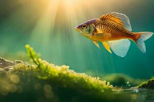 ein Fisch ist fliegend Über ein Teich mit Sonnenlicht leuchtenden. KI-generiert foto