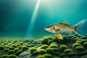 ein Fisch Schwimmen im ein Meer von Grün Algen. KI-generiert foto