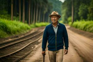 ein älter Mann Gehen auf ein Zug Schiene. KI-generiert foto