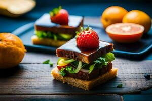 ein Sandwich mit Erdbeeren und Orangen auf ein hölzern Tafel. KI-generiert foto