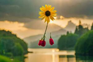 ein Sonnenblume schwebend im das Luft Über ein See. KI-generiert foto