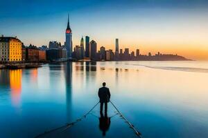 ein Mann Stehen auf ein Seil im Vorderseite von ein Stadt Horizont. KI-generiert foto