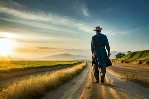 ein Mann im ein Cowboy Hut und Blau passen Spaziergänge Nieder ein Schmutz Straße. KI-generiert foto