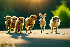 ein Gruppe von Hunde Laufen zusammen im das Sonne. KI-generiert foto