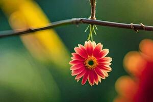 ein Single rot Blume ist hängend von ein Ast. KI-generiert foto