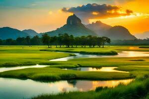 das Sonnenuntergang Über das Fluss und Berge. KI-generiert foto