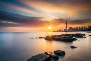 das Sonne setzt Über das Stadt Horizont im Toronto. KI-generiert foto