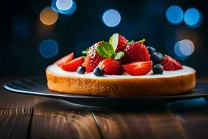 ein Kuchen mit Erdbeeren und Blaubeeren auf ein Platte. KI-generiert foto