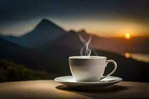 ein Tasse von Kaffee auf ein Tabelle mit Berge im das Hintergrund. KI-generiert foto