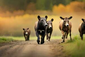 ein Herde von wild Pferde Laufen über ein Feld. KI-generiert foto