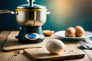 ein Ei auf ein Schneiden Tafel Nächster zu ein Mixer. KI-generiert foto