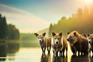 ein Gruppe von Hunde Gehen im das Wasser. KI-generiert foto