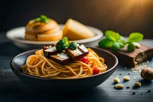 Spaghetti mit Fleisch und Gemüse im ein Schüssel. KI-generiert foto