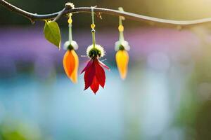 rot und Orange Blumen hängend von ein Ast. KI-generiert foto