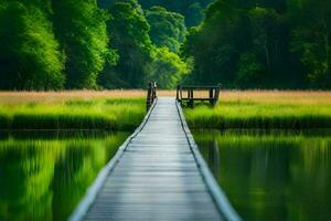 ein hölzern Brücke Über ein See im das Mitte von ein Grün Wald. KI-generiert foto