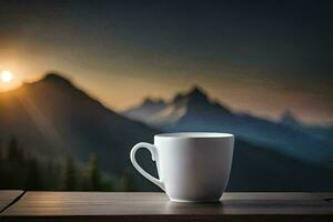 ein Kaffee Tasse sitzt auf ein Tabelle mit Blick auf ein Berg Bereich. KI-generiert foto