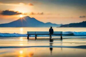 Mann Sitzung auf Bank auf Strand beim Sonnenuntergang. KI-generiert foto