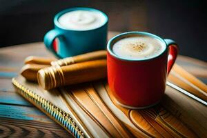 zwei Kaffee Tassen mit ausgepeitscht Sahne auf ein hölzern Tablett. KI-generiert foto