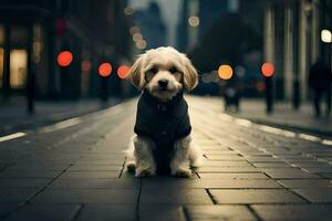 ein klein Hund Sitzung auf das Straße beim Nacht. KI-generiert foto