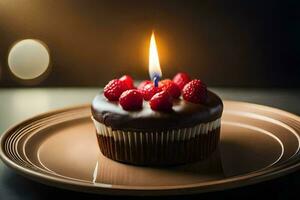 ein Schokolade Cupcake mit Himbeeren auf oben. KI-generiert foto