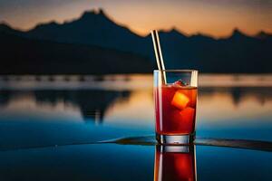 ein Glas von rot Flüssigkeit Sitzung auf ein Tabelle im Vorderseite von ein See. KI-generiert foto