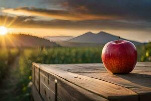 Apfel auf ein hölzern Tabelle im Vorderseite von ein Sonnenuntergang. KI-generiert foto