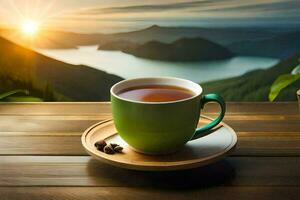 ein Tasse von Tee auf ein hölzern Tabelle mit Berge im das Hintergrund. KI-generiert foto