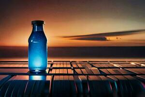 ein Flasche von Wasser Sitzung auf ein Tabelle mit ein Sonnenuntergang im das Hintergrund. KI-generiert foto