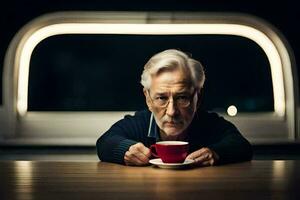 ein älter Mann Sitzung beim ein Tabelle mit ein Tasse von Kaffee. KI-generiert foto