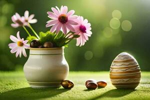 Foto Hintergrund Blumen, das Sonne, das Gras, das Blumen, das Ostern Eier, Die. KI-generiert