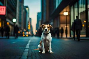 ein Hund Sitzung auf das Straße im das Mitte von ein Stadt. KI-generiert foto