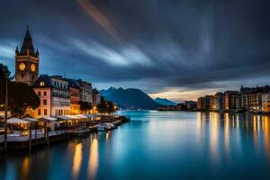 das Stadt von Luzerne, Schweiz beim Dämmerung. KI-generiert foto