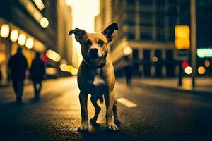 ein Hund Stehen im das Mitte von ein Stadt Straße. KI-generiert foto