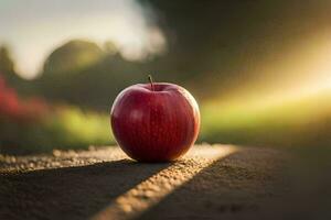 ein Apfel ist Sitzung auf das Boden im Vorderseite von das Sonne. KI-generiert foto