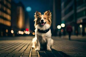 ein Hund Sitzung auf ein Backstein Straße beim Nacht. KI-generiert foto