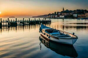 ein Boot sitzt im das Wasser beim Sonnenuntergang. KI-generiert foto