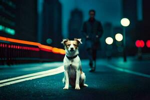 ein Hund Sitzung auf das Straße beim Nacht. KI-generiert foto