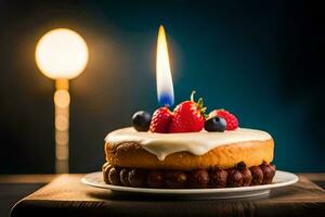 ein Geburtstag Kuchen mit ein Kerze auf oben. KI-generiert foto