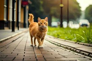 ein Orange Katze Gehen Nieder ein Backstein Straße. KI-generiert foto