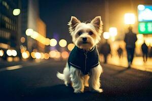 ein klein Weiß Hund tragen ein Weste auf das Straße beim Nacht. KI-generiert foto