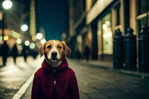 ein Hund tragen ein rot Jacke Stehen auf ein Straße beim Nacht. KI-generiert foto
