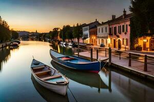 Boote angedockt im das Wasser beim Sonnenuntergang im Italien. KI-generiert foto