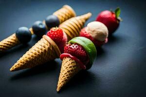 Eis Sahne Zapfen mit Beeren und Obst auf ihnen. KI-generiert foto