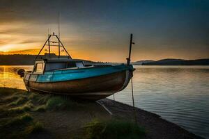 ein Boot sitzt auf das Ufer beim Sonnenuntergang. KI-generiert foto