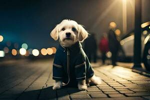 ein Hund tragen ein Jacke Sitzung auf das Bürgersteig beim Nacht. KI-generiert foto