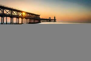 ein Seebrücke mit ein Sonnenuntergang im das Hintergrund. KI-generiert foto