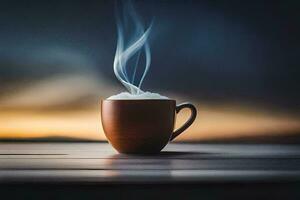 ein Tasse von Kaffee mit Dampf steigend von Es. KI-generiert foto