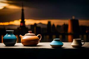 Tee Töpfe und Tassen auf ein Tabelle mit ein Stadt im das Hintergrund. KI-generiert foto