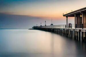 ein lange Exposition fotografieren von ein Seebrücke beim Sonnenuntergang. KI-generiert foto